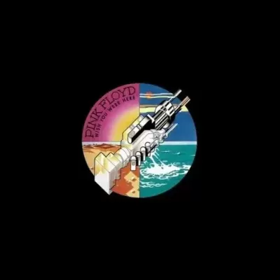 Logótipo colorido Pink Floyd Wish You Were Here com mão mecânica e texto