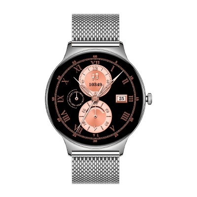 Relógio de pulso com mostrador preto e detalhes dourado rosa e bracelete metálica prateada