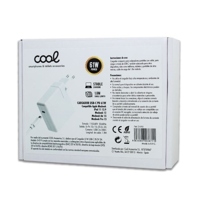 Embalagem de carregador USB tipo C 61W da marca Cool com texto informativo em português