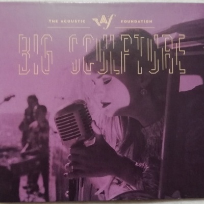 Capa de disco roxa com mulher a cantar e texto dourado