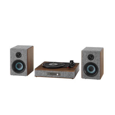 aparelhagem de áudio vintage com gira-discos e altifalantes de madeira e cinza