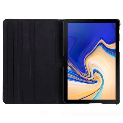 Tablet num suporte com capa preta e ecrã colorido