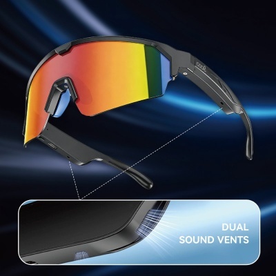 Óculos desportivos com lentes espelhadas vermelho-amarelo-verde e armação preta com ventilação sonora