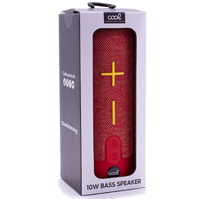 Coluna portátil vermelha com símbolo amarelo embalada numa caixa com texto 10W BASS SPEAKER