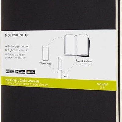 Caderno Moleskine Smart Cahier capa preta com etiqueta branca e amarela