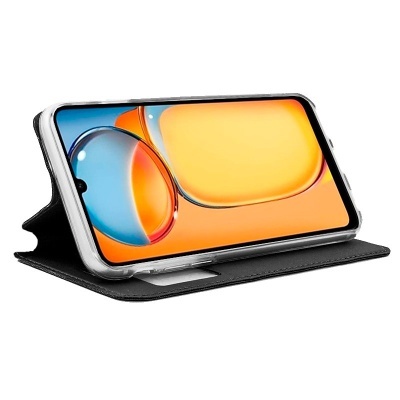 Smartphone com capa suporte preta e pele sintética aberta mostrando ecrã colorido