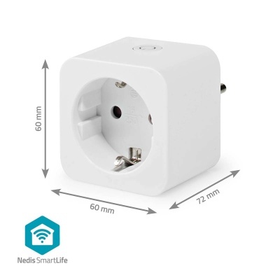 Tomada elétrica inteligente branca em formato de cubo com botão e logo Nedis SmartLife