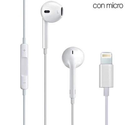 Auriculares brancos com microfone, controlo de volume e conector Lightning