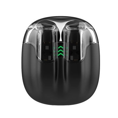 Estojo de carregamento preto para auriculares com tampa transparente e luzes LED verdes