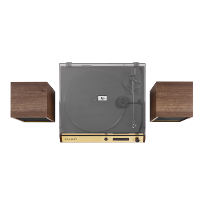 Gira-discos Crosley com colunas em madeira castanha