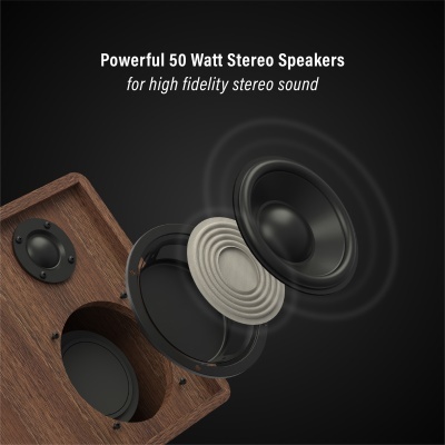 Caixa de colunas estéreo de madeira castanha com drivers visíveis a preto e texto em inglês sobre fundo cinzento escuro