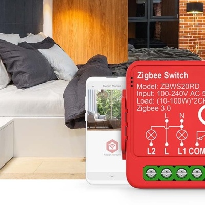 Interruptor inteligente Zigbee Switch vermelho Nedis SmartLife com texto técnico, num quarto moderno