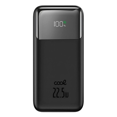 Carregador portátil preto com visor digital mostrando 100%, texto cool e 22.5 W