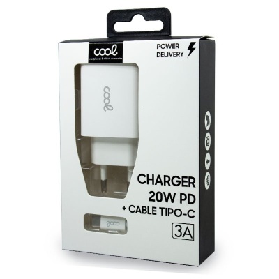 Carregador branco cool 20W PD com cabo Tipo-C em embalagem branca e preta