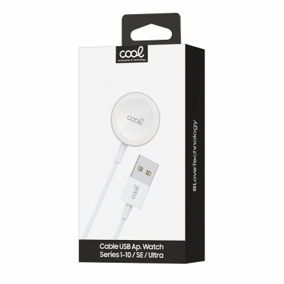 Embalagem de carregador USB para Apple Watch, com cabo e plug USB, fundo branco e preto