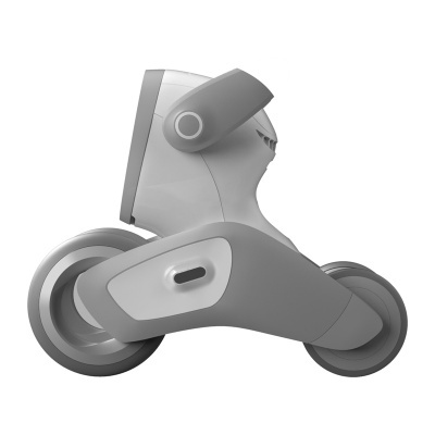 Veículo motorizado infantil cinzento com três rodas e design futurista
