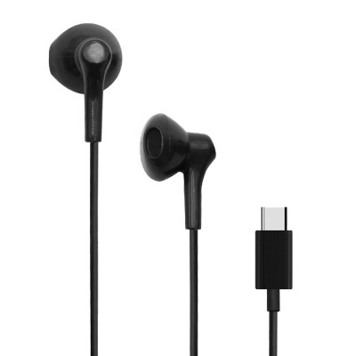 Auscultadores earbud pretos com cabo e conector USB-C