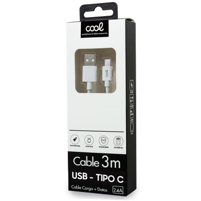 Cabo USB Tipo C branco de 3m em embalagem preta e branca da marca cool