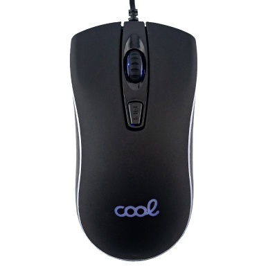 Rato de computador preto com texto 'cool' e botão de DPI