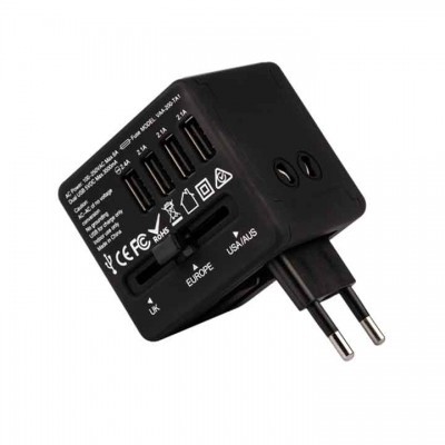 Adaptador de viagem preto com portas USB e multientrada plug