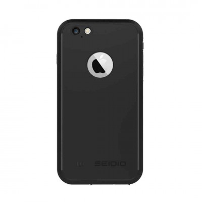 Capinha preta de telemóvel com recorte circular e logo Apple visível