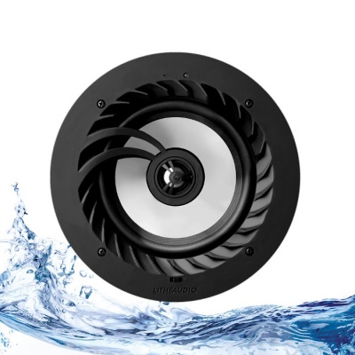 Coluna de som preta redonda com design em espiral e jato de água azul