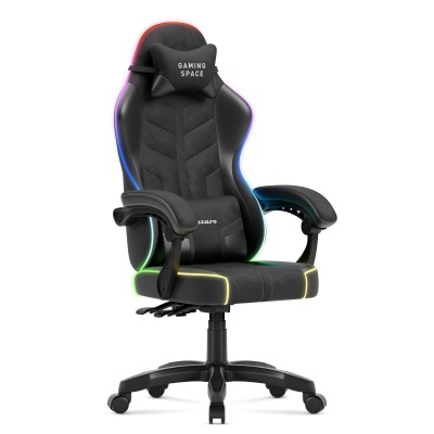 cadeira gaming preta com almofada e base giratória