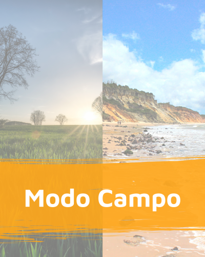 Imagem dividida mostrando campo e praia com texto 'Modo Campo' em fundo laranja