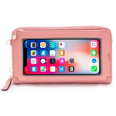 Carteira rosa com suporte transparente para smartphone