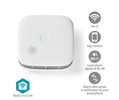 Detector de fumo branco Nedis SmartLife com ícones de funcionalidades ao lado