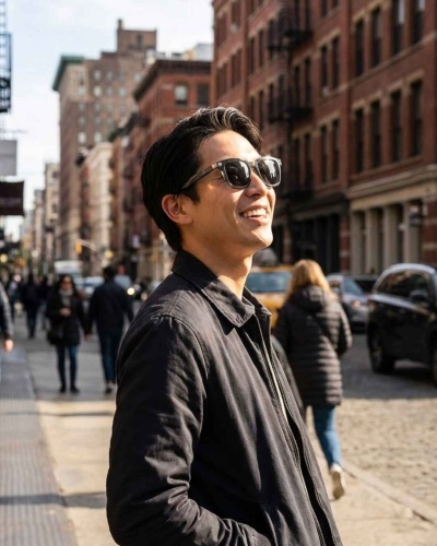 Homem sorridente com óculos de sol e casaco preto na rua da cidade.