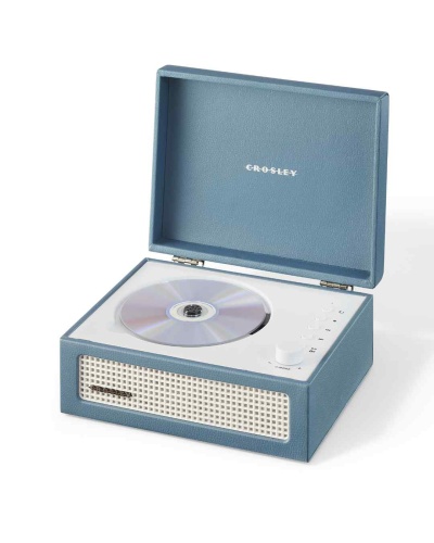 Leitor de CD/rádio azul com estojo aberto e CD