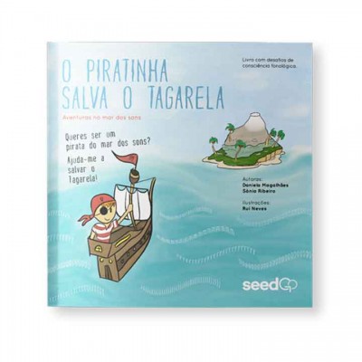 Capa de livro infantil com ilustração de pirata criança num barco e ilha ao fundo.
