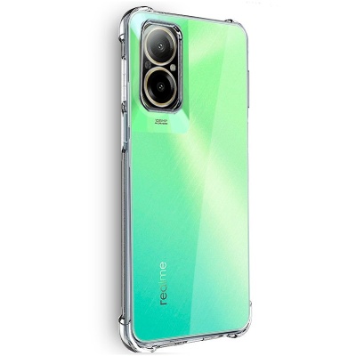 Smartphone realme verde e azul com capa transparente e duas câmeras traseiras grandes