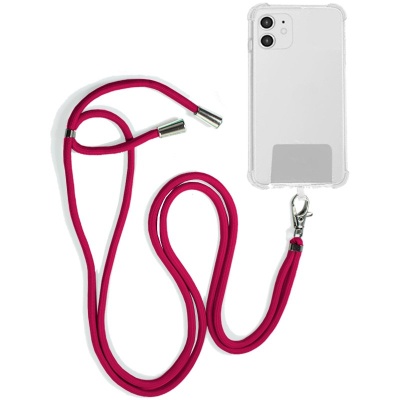 Capa de smartphone transparente com corda rosa e acabamentos metálicos