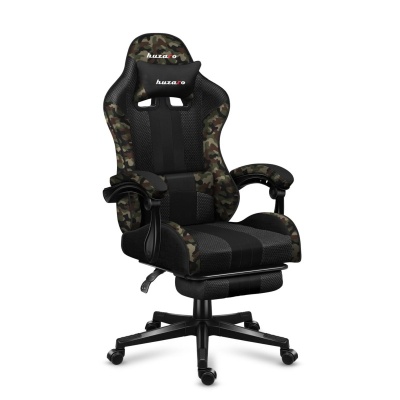 Cadeira gamer preta com detalhes camuflados e almofada com logo huzaro