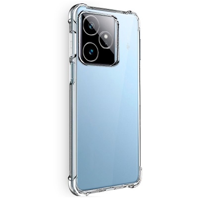 Smartphone azul com capa transparente e três câmaras traseiras em módulo quadrado preto