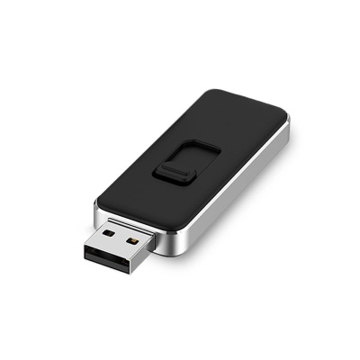 Pen USB preto e prateado com botão deslizante