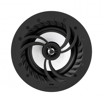 Coluna de som Lithe Audio preta circular com design de lâminas curvas