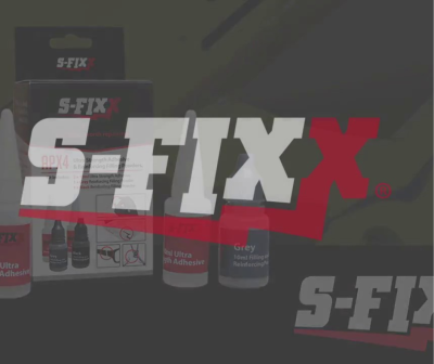 Produtos adesivos S-FIXX em fundo escuro com marca d'água grande.