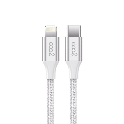 Cabo USB-C para Lightning prateado com revestimento trançado e logótipo