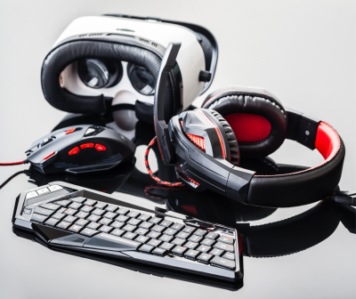 Conjunto de periféricos gaming com teclado, rato, auscultadores e óculos VR