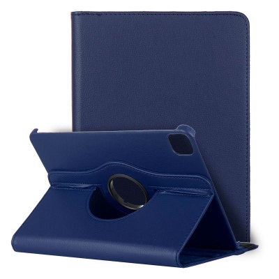 Capa para tablet azul escura em pele sintética com suporte rotativo e recortes para câmara