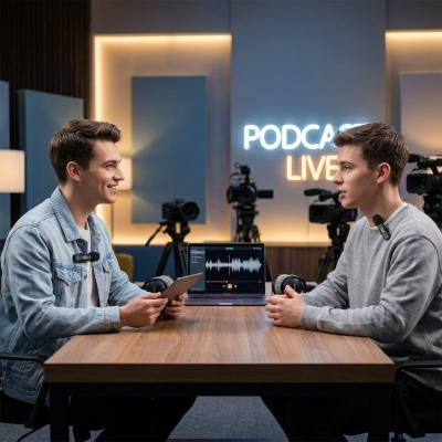 Dois homens com microfones sentados à mesa com câmaras e laptop atrás, parede com texto iluminado PODCAST LIVE