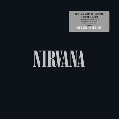 Capa de álbum de vinil preta com o nome NIRVANA e autocolante com texto informativo