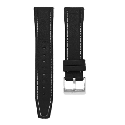 Correia preta para relógio com costura branca e fivela metálica