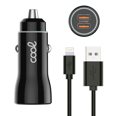 Carregador de carro preto com duas portas USB e cabo USB a Lightning