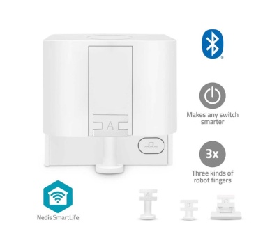 Dispositivo branco com três tipos de dedos robóticos para automatizar interruptores e ícones Bluetooth e Nedis SmartLife