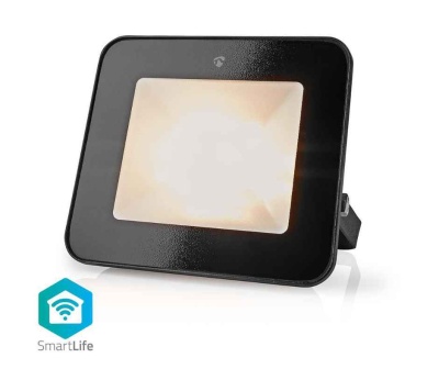 Projetor de luz LED quadrado preto com difusor branco e ícone SmartLife