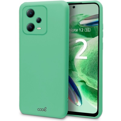 Smartphone com capa verde menta e ecrã com texto Note 12 5G